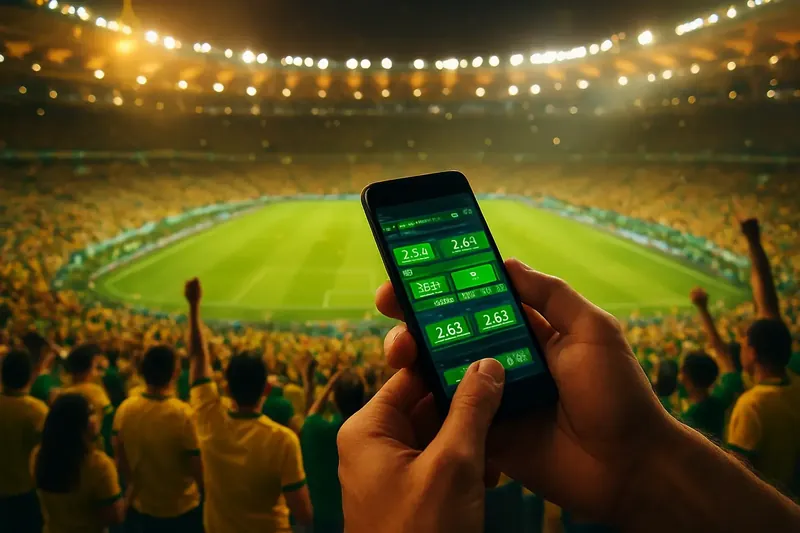 Brazil Sports Betting Hands holding smartphone with live odds in packed Maracana stadium at night