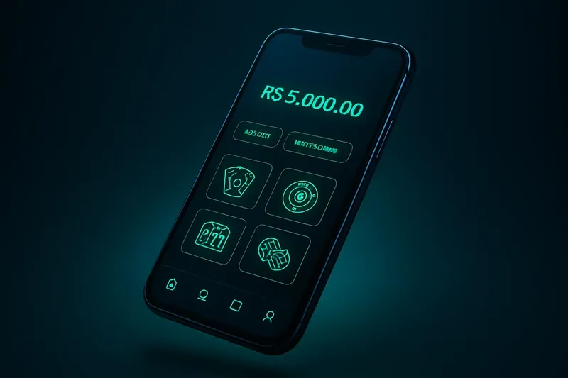 Modern smartphone showing dark premium casino app interface with Brazilian Real balance