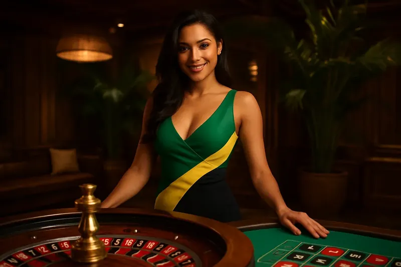 Brazilian Live Roulette Dealer Brazilian live casino dealer at roulette table in luxury studio