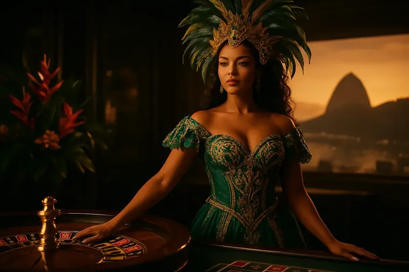 Brazilian Casino Elegance Elegant Brazilian woman by roulette table with Rio skyline background