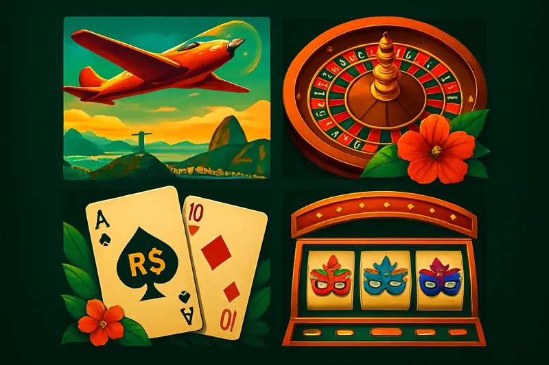 Brazilian casino games collage with Aviator, roulette, blackjack, and slots